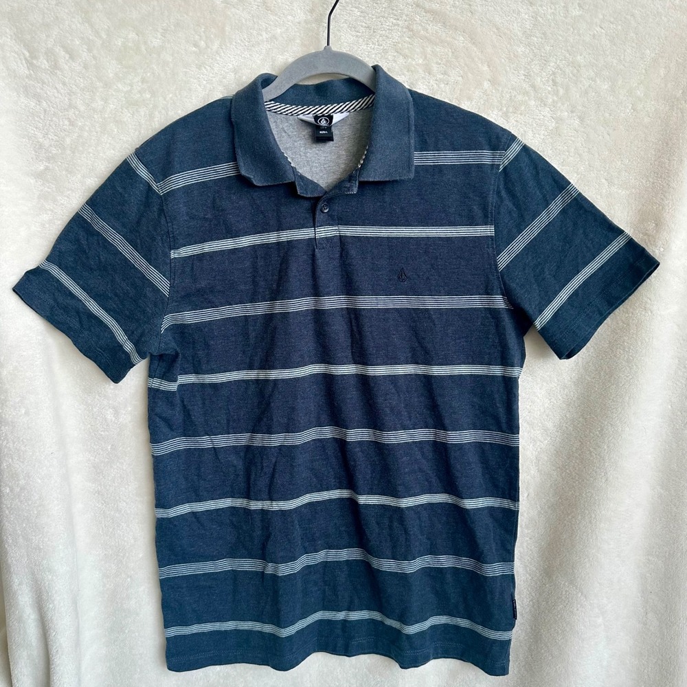 Volcom Men's Heather Blue Gray White Stripe Polo Shirt Stone Logo Size Large